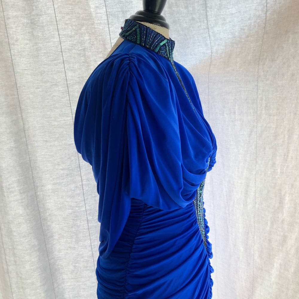 Vintage Sequin Neckline Ruched Shoulder Padded Midi Dress - Picture 7 of 15